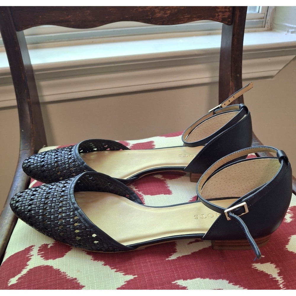 Talbots Black Woven Leather Ankle-Strap Ballet Flats Size 9M Preppy Classic